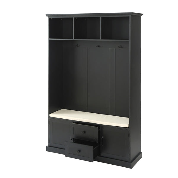 English Elm U-can Entryway Hall Tree with Crown Molding Beadboard Bench and Concealed Cabinet Storage Black JY000112AAB