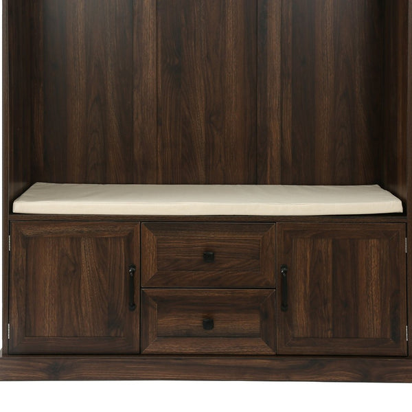 English Elm U-can Entryway Hall Tree with Crown Molding Beadboard Bench and Concealed Cabinet Storage Brown JY000112AAD