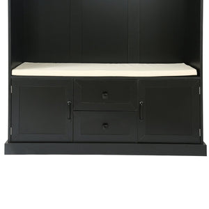 English Elm U-can Entryway Hall Tree with Crown Molding Beadboard Bench and Concealed Cabinet Storage Black JY000112AAB
