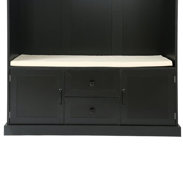 English Elm U-can Entryway Hall Tree with Crown Molding Beadboard Bench and Concealed Cabinet Storage Black JY000112AAB