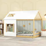 Full Size House Bed with Roof and Window+Natural