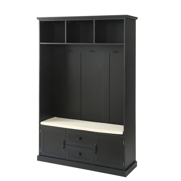 English Elm U-can Entryway Hall Tree with Crown Molding Beadboard Bench and Concealed Cabinet Storage Black JY000112AAB