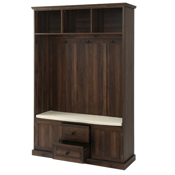 English Elm U-can Entryway Hall Tree with Crown Molding Beadboard Bench and Concealed Cabinet Storage Brown JY000112AAD