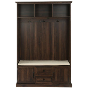 English Elm U-can Entryway Hall Tree with Crown Molding Beadboard Bench and Concealed Cabinet Storage Brown JY000112AAD
