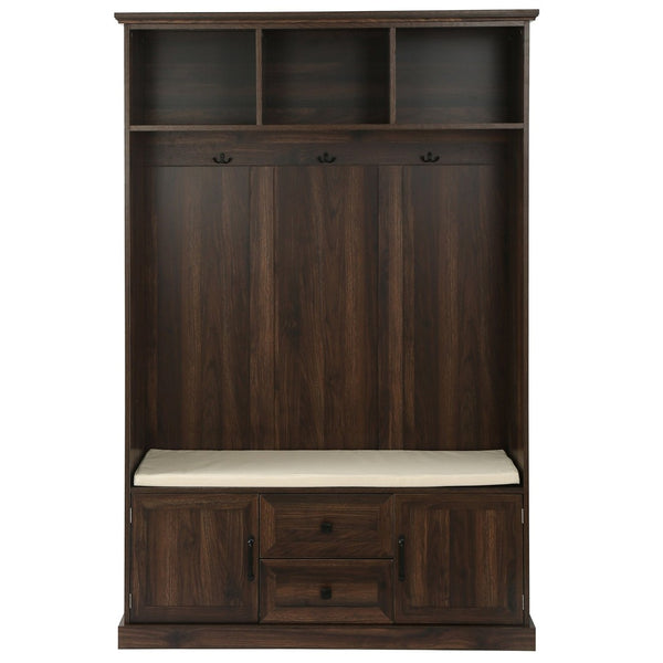 English Elm U-can Entryway Hall Tree with Crown Molding Beadboard Bench and Concealed Cabinet Storage Brown JY000112AAD
