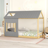 Twin Size House Bed with Roof and Window+Natural