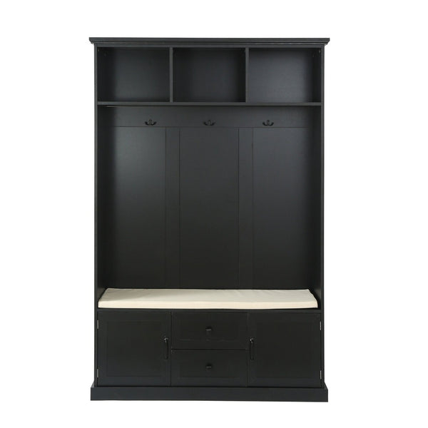 English Elm U-can Entryway Hall Tree with Crown Molding Beadboard Bench and Concealed Cabinet Storage Black JY000112AAB