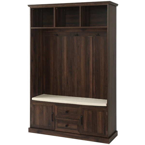 English Elm U-can Entryway Hall Tree with Crown Molding Beadboard Bench and Concealed Cabinet Storage Brown JY000112AAD