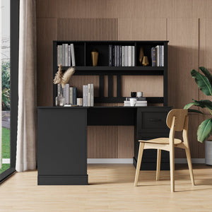 English Elm Home Office Computer Desk with Hutch, Antiqued Finish, Spacious Storage, Waterproof Scratchproof Surface Black W331S00116