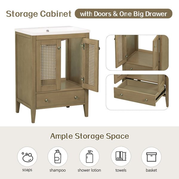 English Elm 24" Natural Rattan Bathroom Vanity Base with Drawer & Doors, Solid Acacia Frame, MDF, 150lb Capacity WF297609AAD