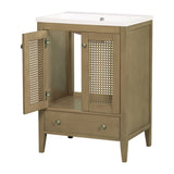 English Elm 24" Bathroom Vanity With Ceramic Basin, Rattan Bathroom Storage Cabinet With Two Doors and Drawer, Solid Frame, Natural (Old Sku: Jl000008Aad)