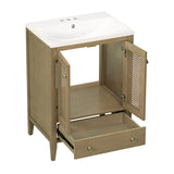 English Elm 24" Bathroom Vanity With Ceramic Basin, Rattan Bathroom Storage Cabinet With Two Doors and Drawer, Solid Frame, Natural (Old Sku: Jl000008Aad)