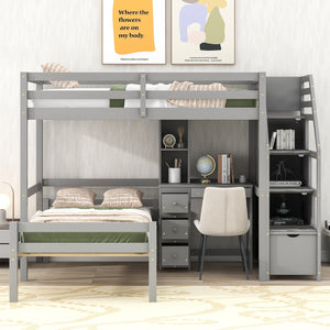 English Elm Twin Loft Bed with Built-In Desk, Storage Stairs, Shelves & Underbed Twin Pull-Out for Space-Saving Gray GX000417AAE