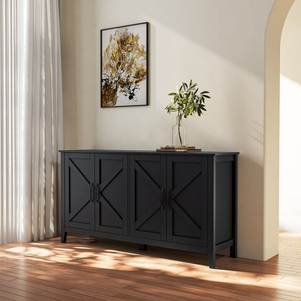 English Elm Cabinet 4-Door Sideboard with 4 Open Shelves, 59" Freestanding Storage Buffet for Living Room W33164270