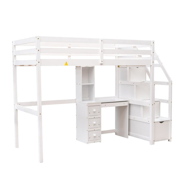 English Elm Twin Loft Bed with Built-In Desk, Storage Stairs, Shelves & Underbed Twin Pull-Out for Space-Saving White GX000417AAK