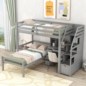 English Elm Twin Loft Bed with Built-In Desk, Storage Stairs, Shelves & Underbed Twin Pull-Out for Space-Saving Gray GX000417AAE