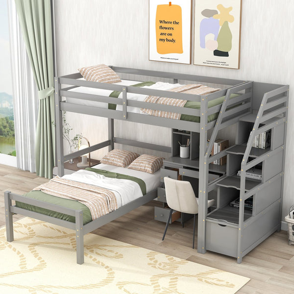 English Elm Twin Loft Bed with Built-In Desk, Storage Stairs, Shelves & Underbed Twin Pull-Out for Space-Saving Gray GX000417AAE