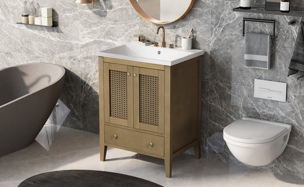 English Elm 24" Natural Bathroom Vanity with Ceramic Basin, Rattan Doors, Tapered Legs, Ample Storage & Anti-Tip Hardware JL000008AAD-1