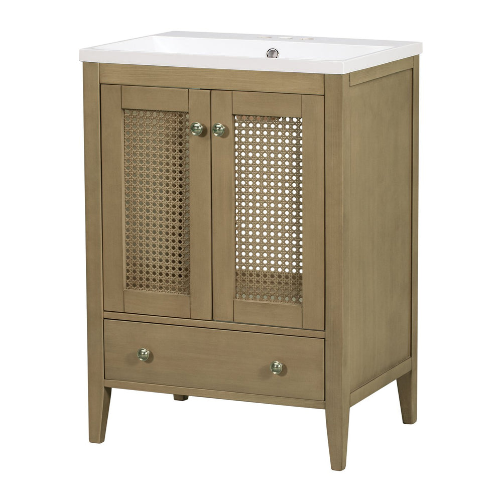 English Elm 24" Natural Bathroom Vanity with Ceramic Basin, Rattan Doors, Tapered Legs, Ample Storage & Anti-Tip Hardware JL000008AAD-1