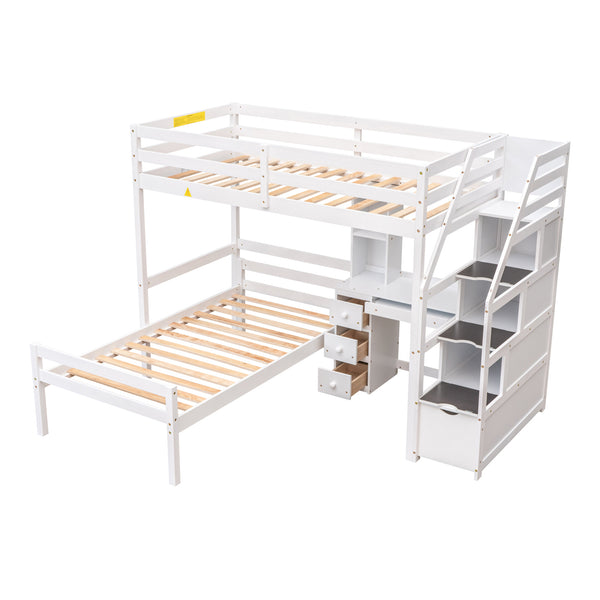 English Elm Twin Loft Bed with Built-In Desk, Storage Stairs, Shelves & Underbed Twin Pull-Out for Space-Saving White GX000417AAK