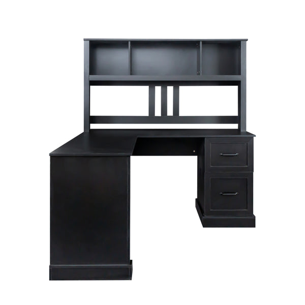 English Elm Home Office Computer Desk with Hutch, Antiqued Finish, Spacious Storage, Waterproof Scratchproof Surface Black W331S00116