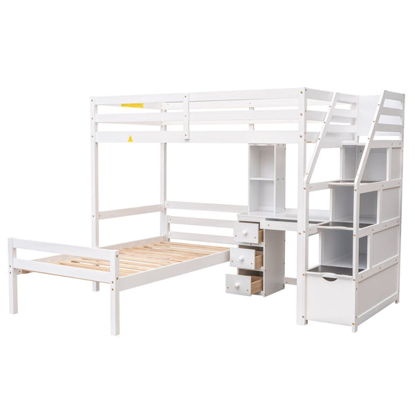 English Elm Twin Loft Bed with Built-In Desk, Storage Stairs, Shelves & Underbed Twin Pull-Out for Space-Saving White GX000417AAK