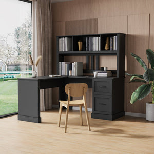 English Elm Home Office Computer Desk with Hutch, Antiqued Finish, Spacious Storage, Waterproof Scratchproof Surface Black W331S00116