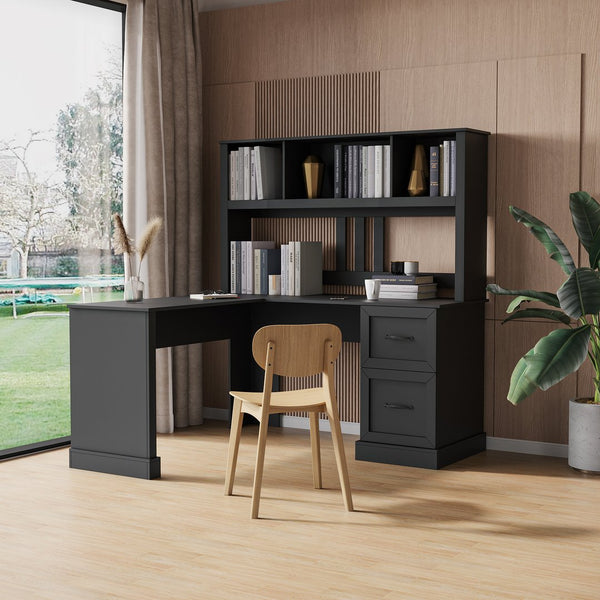 English Elm Home Office Computer Desk with Hutch, Antiqued Finish, Spacious Storage, Waterproof Scratchproof Surface Black W331S00116