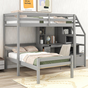 English Elm Twin Loft Bed with Built-In Desk, Storage Stairs, Shelves & Underbed Twin Pull-Out for Space-Saving Gray GX000417AAE