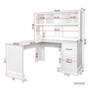 English Elm Home Office Computer Desk with Hutch, Antiqued Finish, Spacious Storage, Waterproof Scratchproof Surface White W331S00113