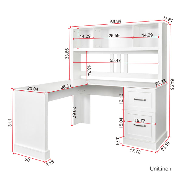 English Elm Home Office Computer Desk with Hutch, Antiqued Finish, Spacious Storage, Waterproof Scratchproof Surface White W331S00113