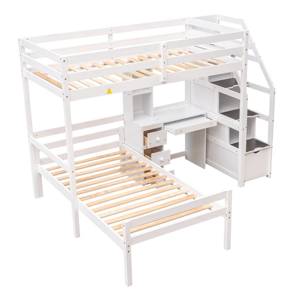 English Elm Twin Loft Bed with Built-In Desk, Storage Stairs, Shelves & Underbed Twin Pull-Out for Space-Saving White GX000417AAK