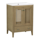 English Elm 24" Bathroom Vanity With Ceramic Basin, Rattan Bathroom Storage Cabinet With Two Doors and Drawer, Solid Frame, Natural (Old Sku: Jl000008Aad)