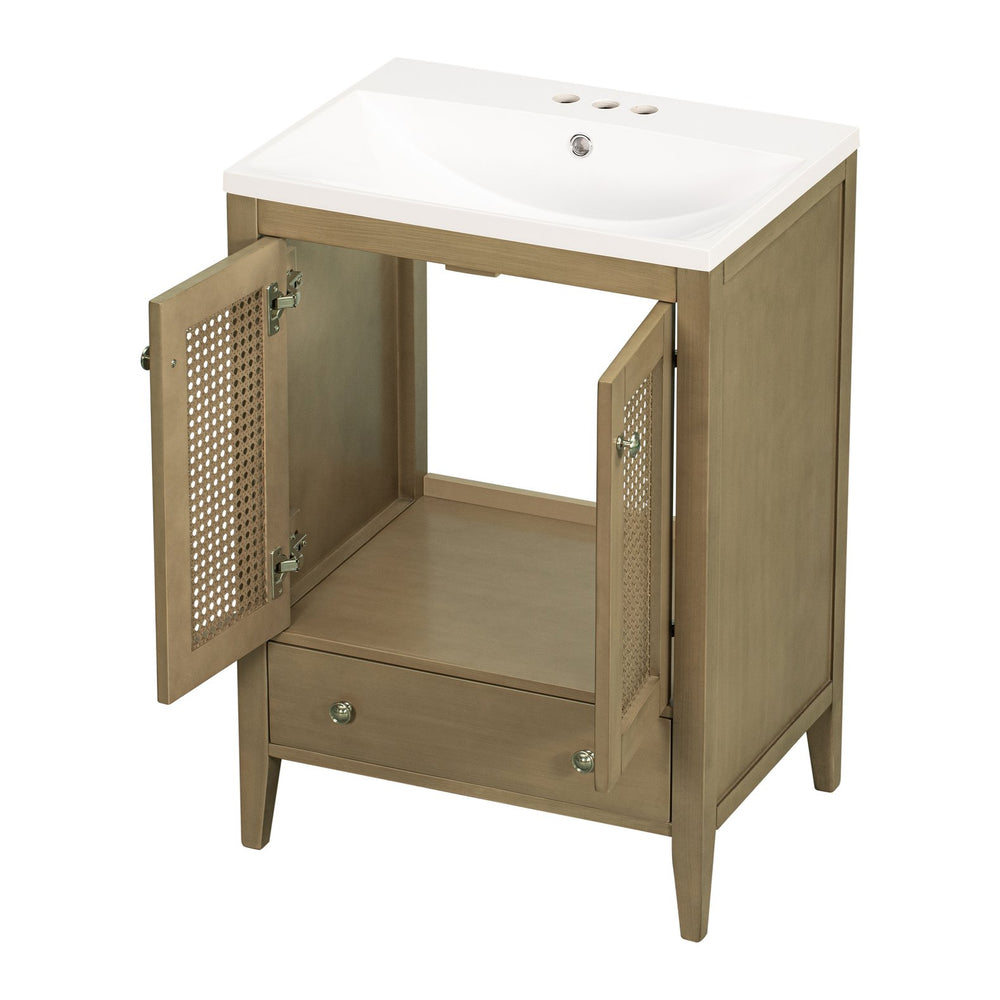 English Elm 24" Natural Bathroom Vanity with Ceramic Basin, Rattan Doors, Tapered Legs, Ample Storage & Anti-Tip Hardware JL000008AAD-1