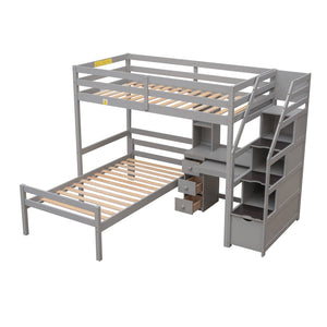 English Elm Twin Loft Bed with Built-In Desk, Storage Stairs, Shelves & Underbed Twin Pull-Out for Space-Saving Gray GX000417AAE