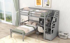English Elm Twin Loft Bed with Built-In Desk, Storage Stairs, Shelves & Underbed Twin Pull-Out for Space-Saving Gray GX000417AAE