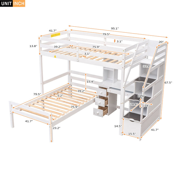 English Elm Twin Loft Bed with Built-In Desk, Storage Stairs, Shelves & Underbed Twin Pull-Out for Space-Saving White GX000417AAK