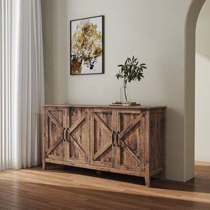English Elm Cabinet 4-Door Sideboard with 4 Open Shelves, 59" Freestanding Storage Console for Living Room W33164271