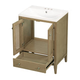 English Elm 24" Bathroom Vanity With Ceramic Basin, Rattan Bathroom Storage Cabinet With Two Doors and Drawer, Solid Frame, Natural (Old Sku: Jl000008Aad)