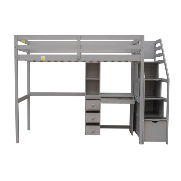 English Elm Twin Loft Bed with Built-In Desk, Storage Stairs, Shelves & Underbed Twin Pull-Out for Space-Saving Gray GX000417AAE