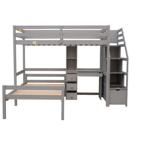 English Elm Twin Loft Bed with Built-In Desk, Storage Stairs, Shelves & Underbed Twin Pull-Out for Space-Saving Gray GX000417AAE