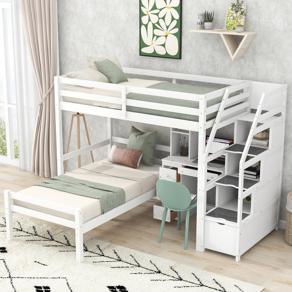 English Elm Twin Loft Bed with Built-In Desk, Storage Stairs, Shelves & Underbed Twin Pull-Out for Space-Saving White GX000417AAK