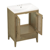 English Elm 24" Bathroom Vanity With Ceramic Basin, Rattan Bathroom Storage Cabinet With Two Doors and Drawer, Solid Frame, Natural (Old Sku: Jl000008Aad)