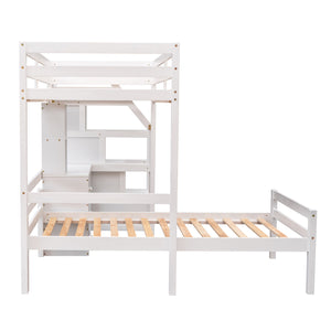 English Elm Twin Loft Bed with Built-In Desk, Storage Stairs, Shelves & Underbed Twin Pull-Out for Space-Saving White GX000417AAK