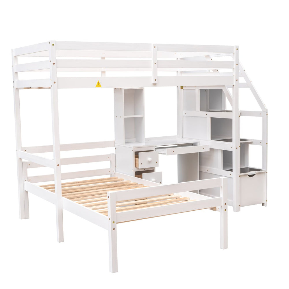 English Elm Twin Loft Bed with Built-In Desk, Storage Stairs, Shelves & Underbed Twin Pull-Out for Space-Saving White GX000417AAK