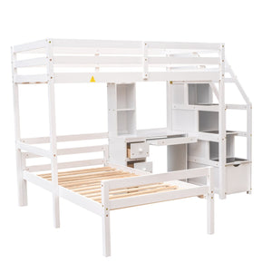 English Elm Twin Loft Bed with Built-In Desk, Storage Stairs, Shelves & Underbed Twin Pull-Out for Space-Saving White GX000417AAK