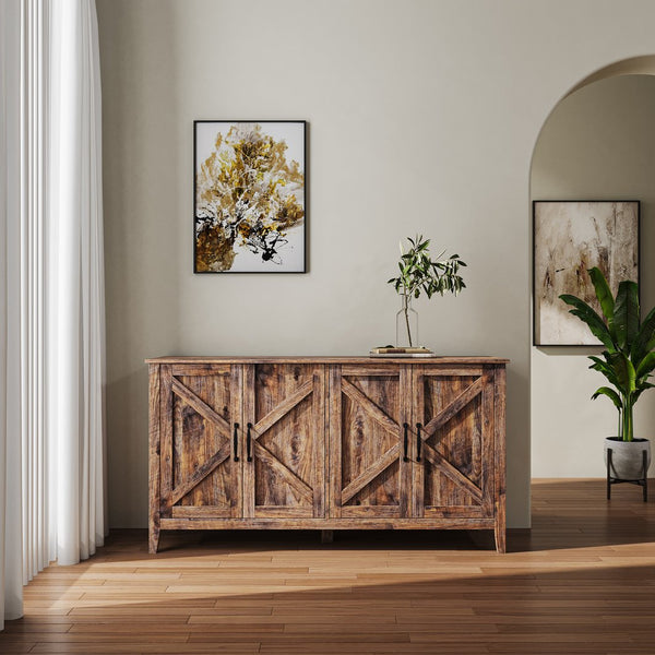 English Elm Cabinet 4-Door Sideboard with 4 Open Shelves, 59" Freestanding Storage Console for Living Room W33164271