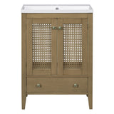 English Elm 24" Bathroom Vanity With Ceramic Basin, Rattan Bathroom Storage Cabinet With Two Doors and Drawer, Solid Frame, Natural (Old Sku: Jl000008Aad)