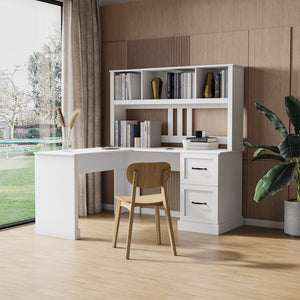 English Elm Home Office Computer Desk with Hutch, Antiqued Finish, Spacious Storage, Waterproof Scratchproof Surface White W331S00113