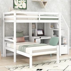 English Elm Twin Loft Bed with Built-In Desk, Storage Stairs, Shelves & Underbed Twin Pull-Out for Space-Saving White GX000417AAK
